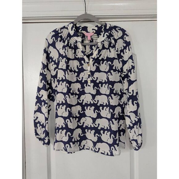 Lilly Pulitzer Elsa Silk Blouse women's size XS blue white elephant novelty - Picture 1 of 8
